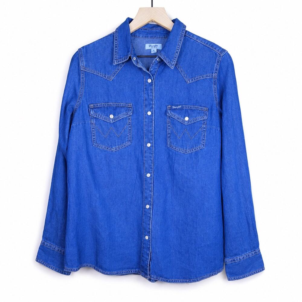 Wrangler Retro Western Denim Snap Shirt Medium Pearl Snap Chambray Blue Cotton